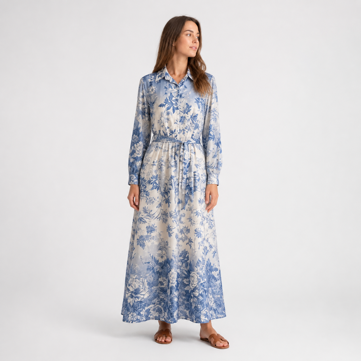 Robe longue bleue fleurie ceinturée Tsniout – 01 face studio