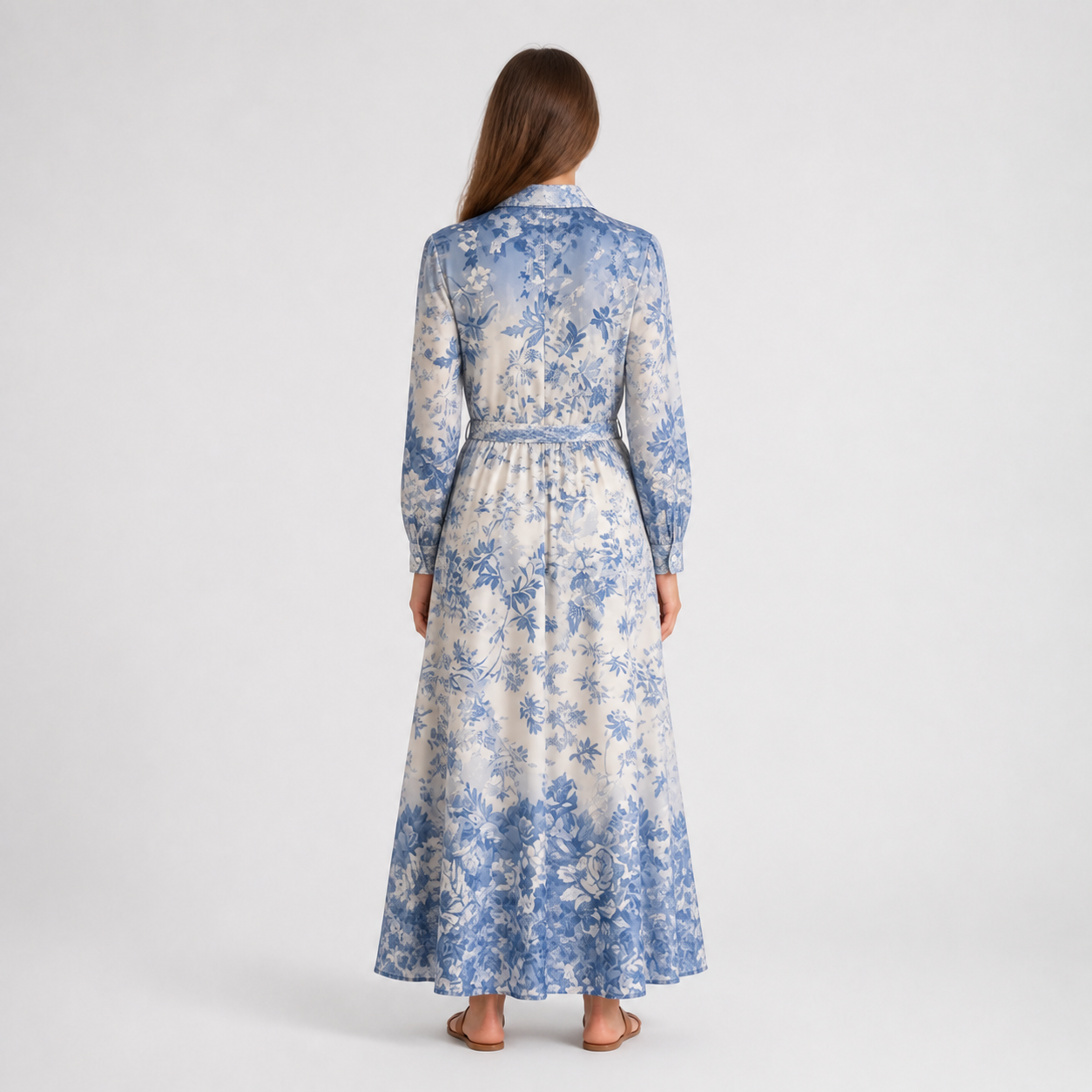 Robe longue bleue fleurie ceinturée Tsniout – 02 dos studio