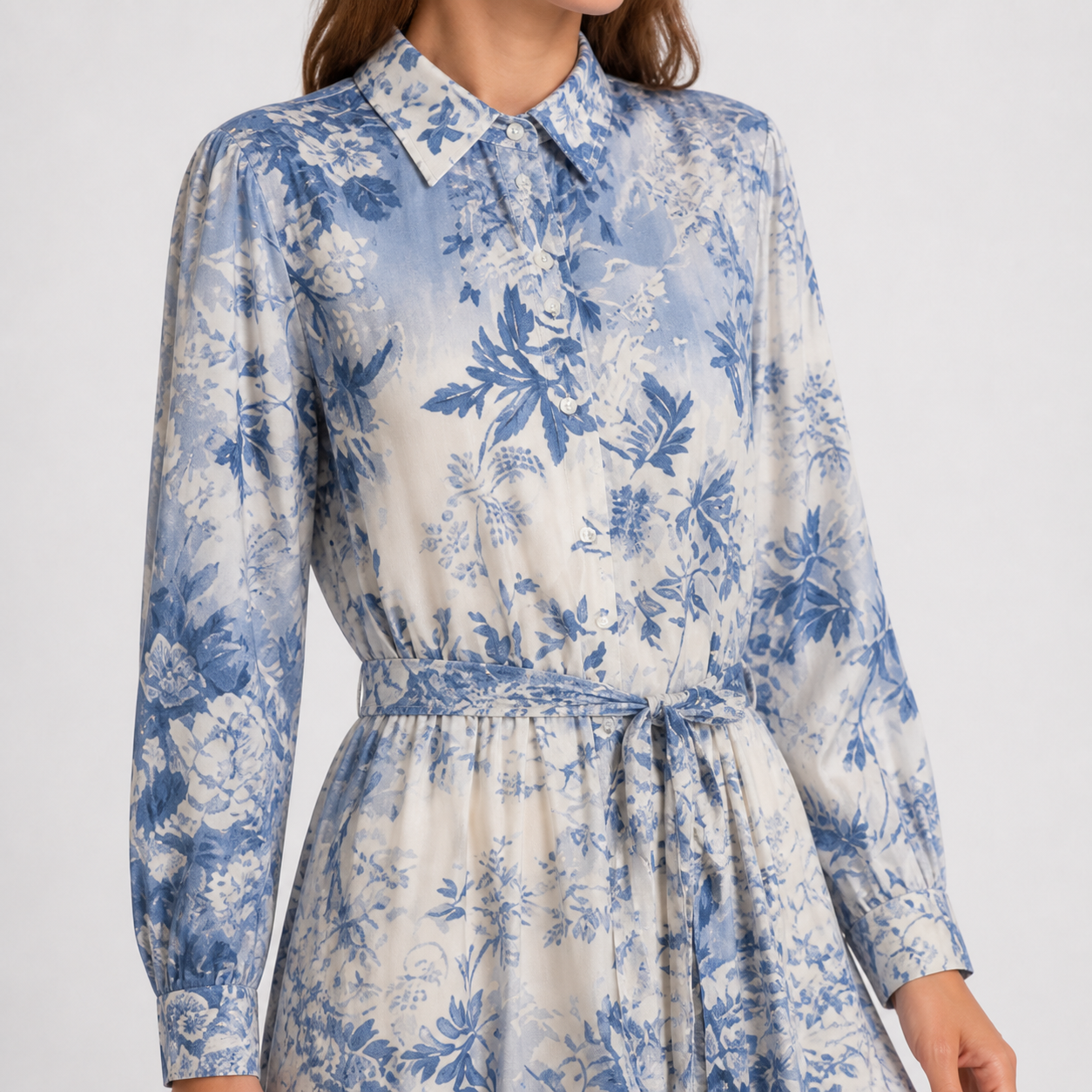 Robe longue bleue fleurie ceinturée Tsniout – 04 zoom produit
