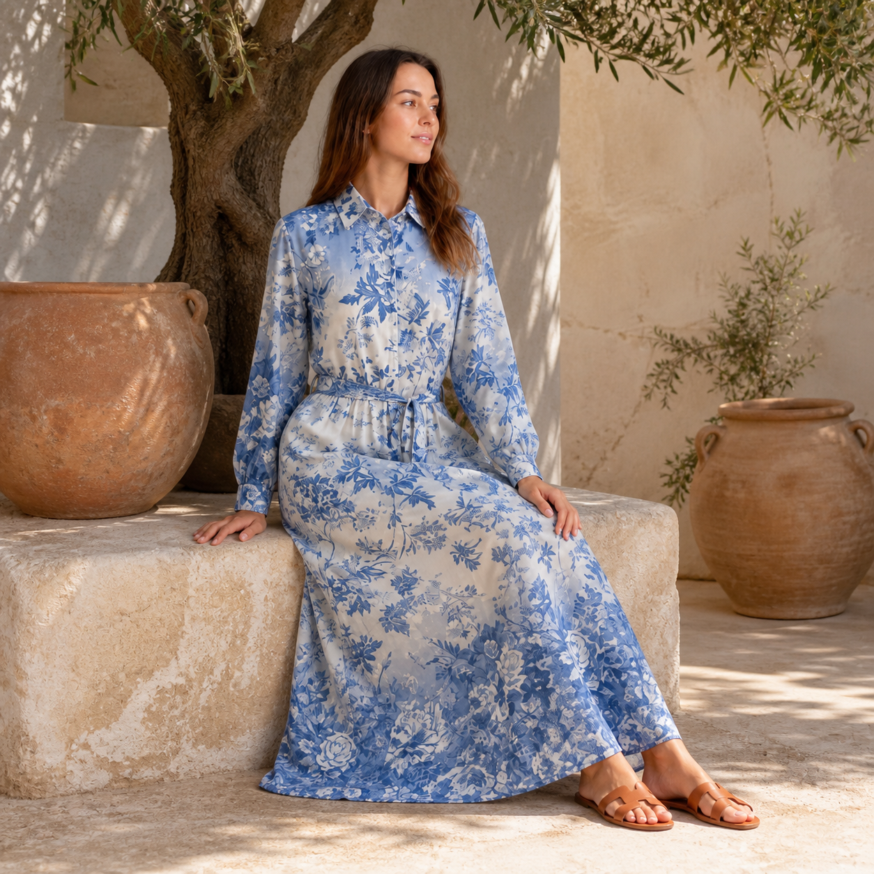 Robe longue bleue fleurie ceinturée Tsniout – 05 lifestyle assise