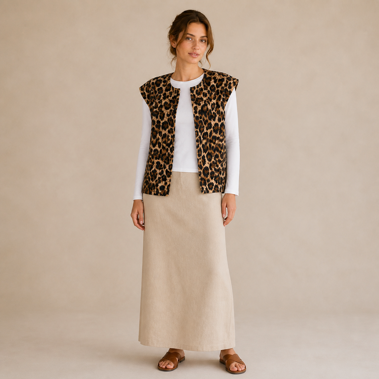 Gilet beige imprimé léopard sans manches – vue 1