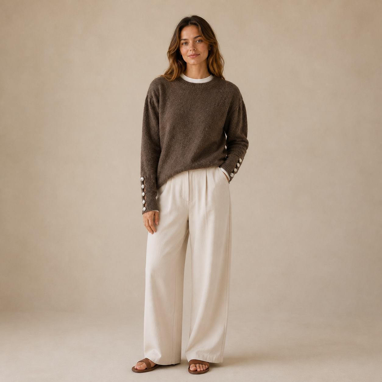 Pull marron en maille à boutons Tsniout – 01 face studio