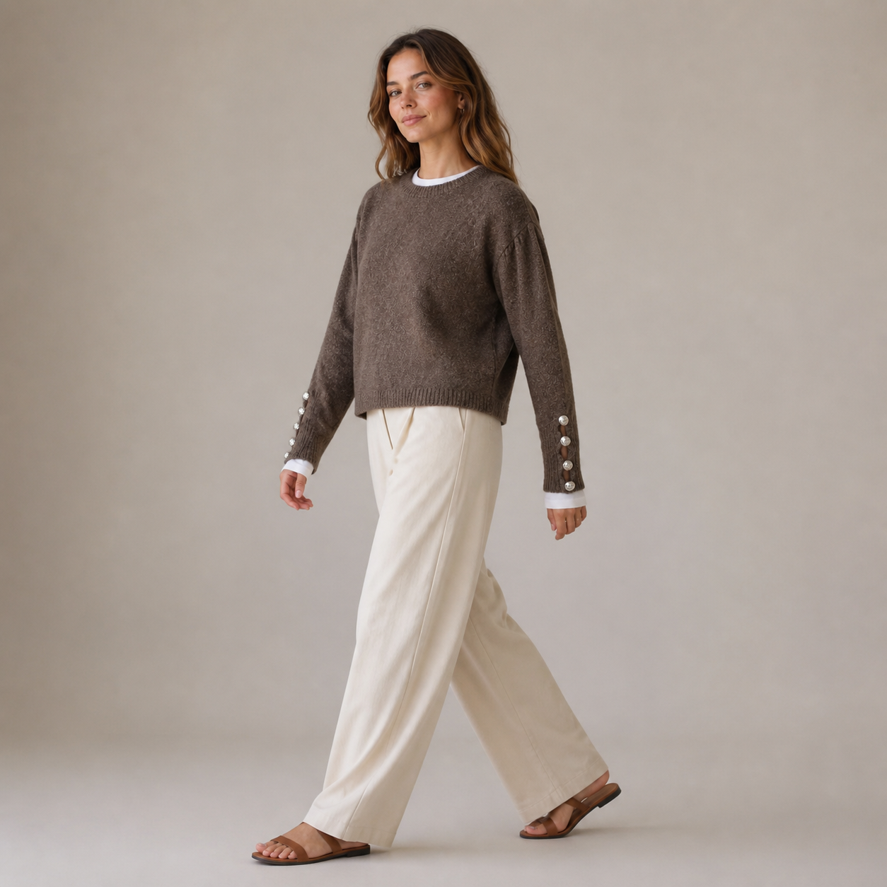 Pull marron en maille à boutons Tsniout – 03 profil marche