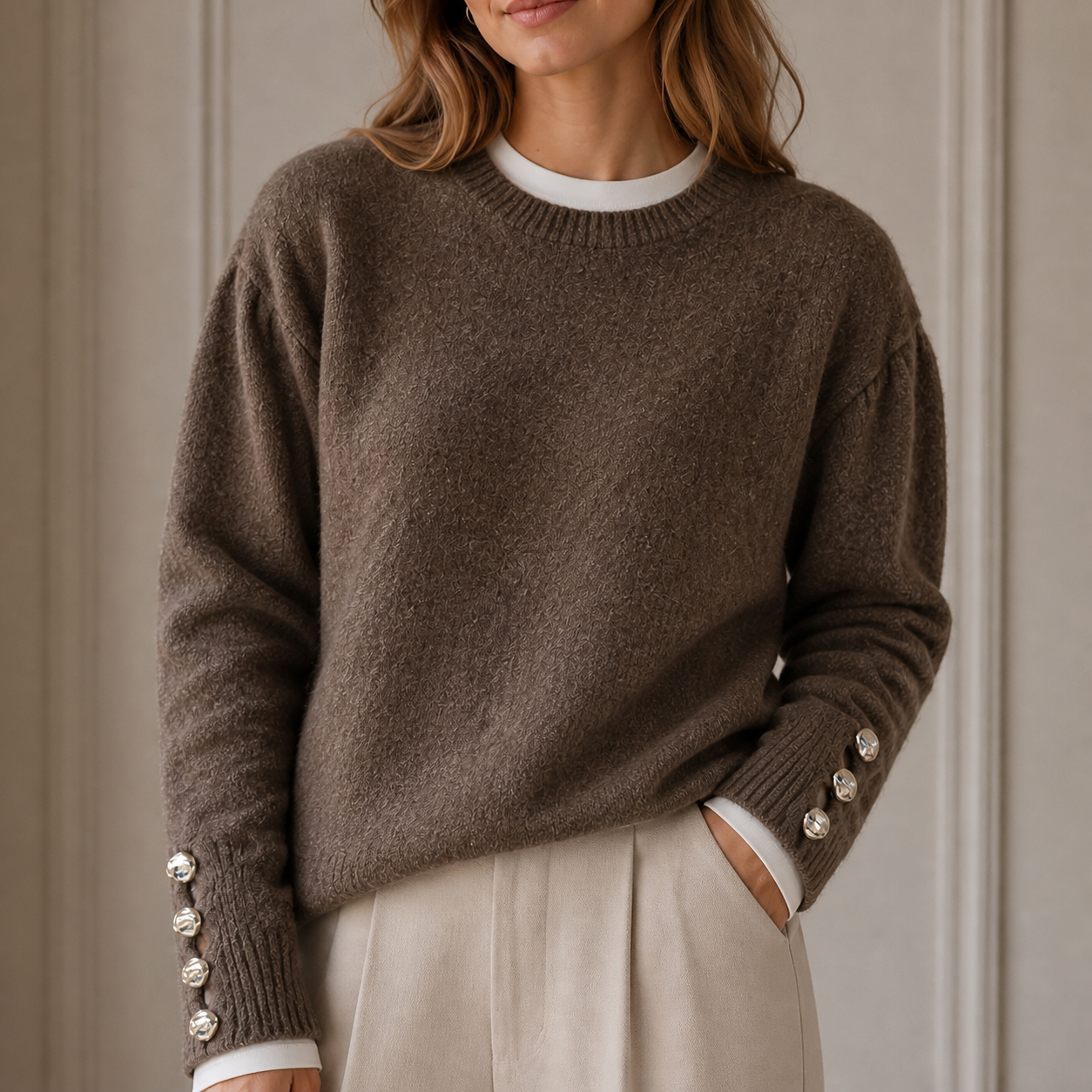 Pull marron en maille à boutons Tsniout – 04 zoom produit