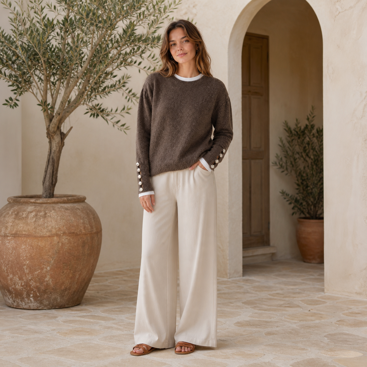 Pull marron en maille à boutons Tsniout – 06 lifestyle debout