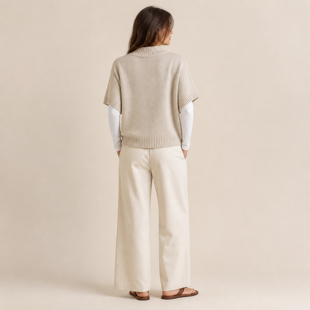 Pull beige en maille à col rond Tsniout – 02 dos studio