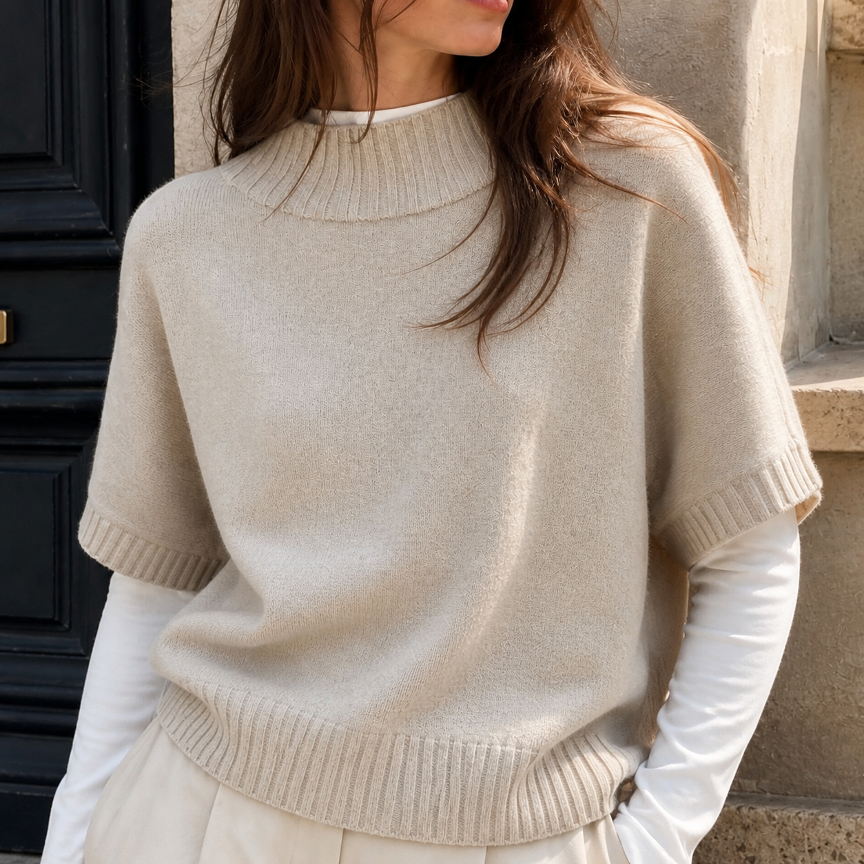 Pull beige en maille à col rond Tsniout – 04 zoom produit
