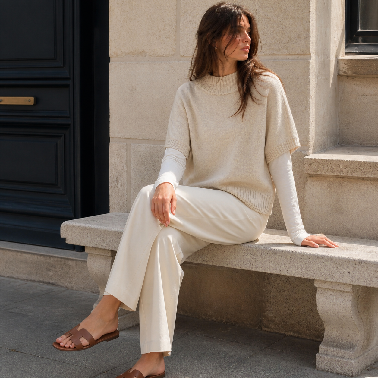 Pull beige en maille à col rond Tsniout – 05 lifestyle assise