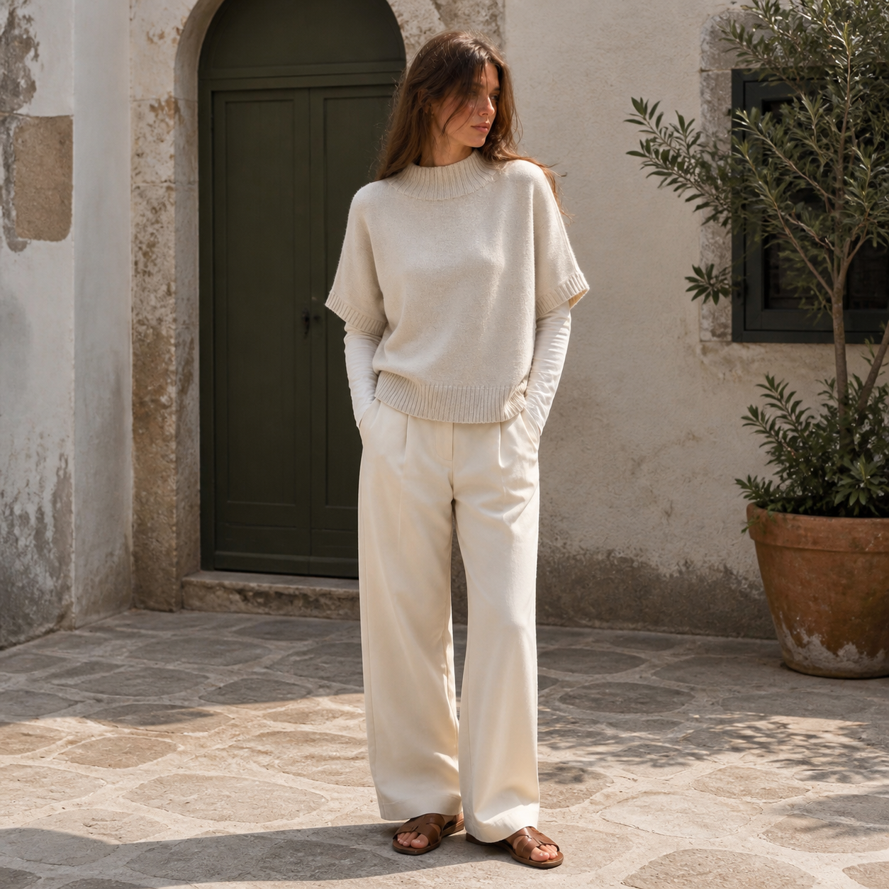 Pull beige en maille à col rond Tsniout – 06 lifestyle debout