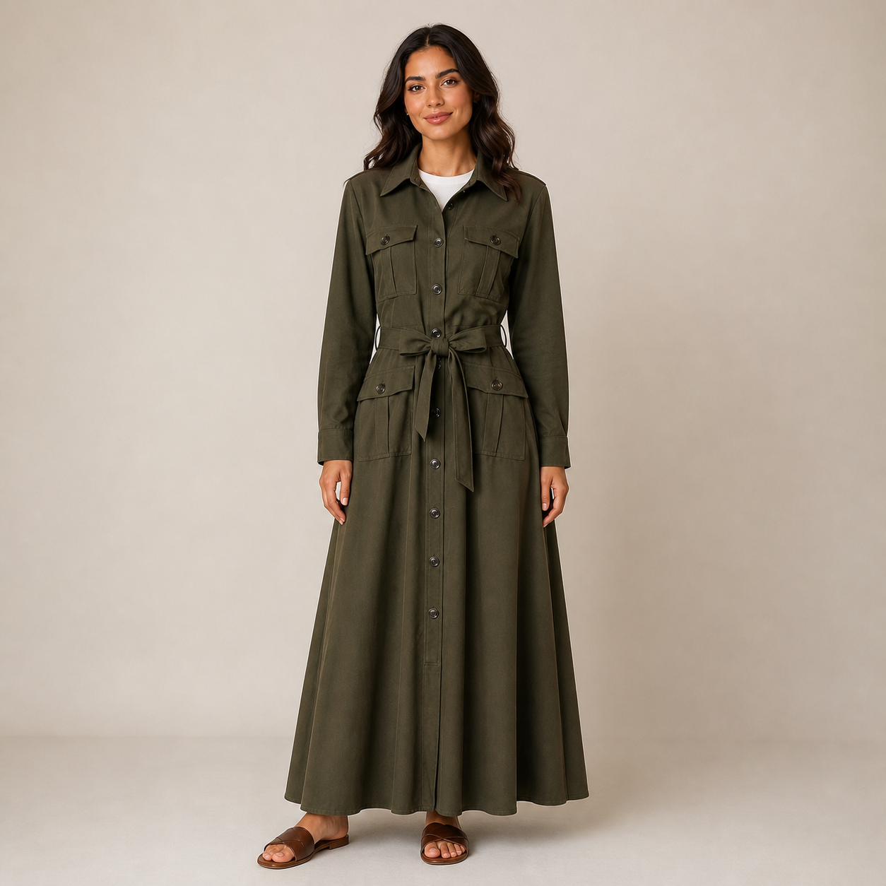 Robe longue kaki safari ceinturée Tsniout - vue 1