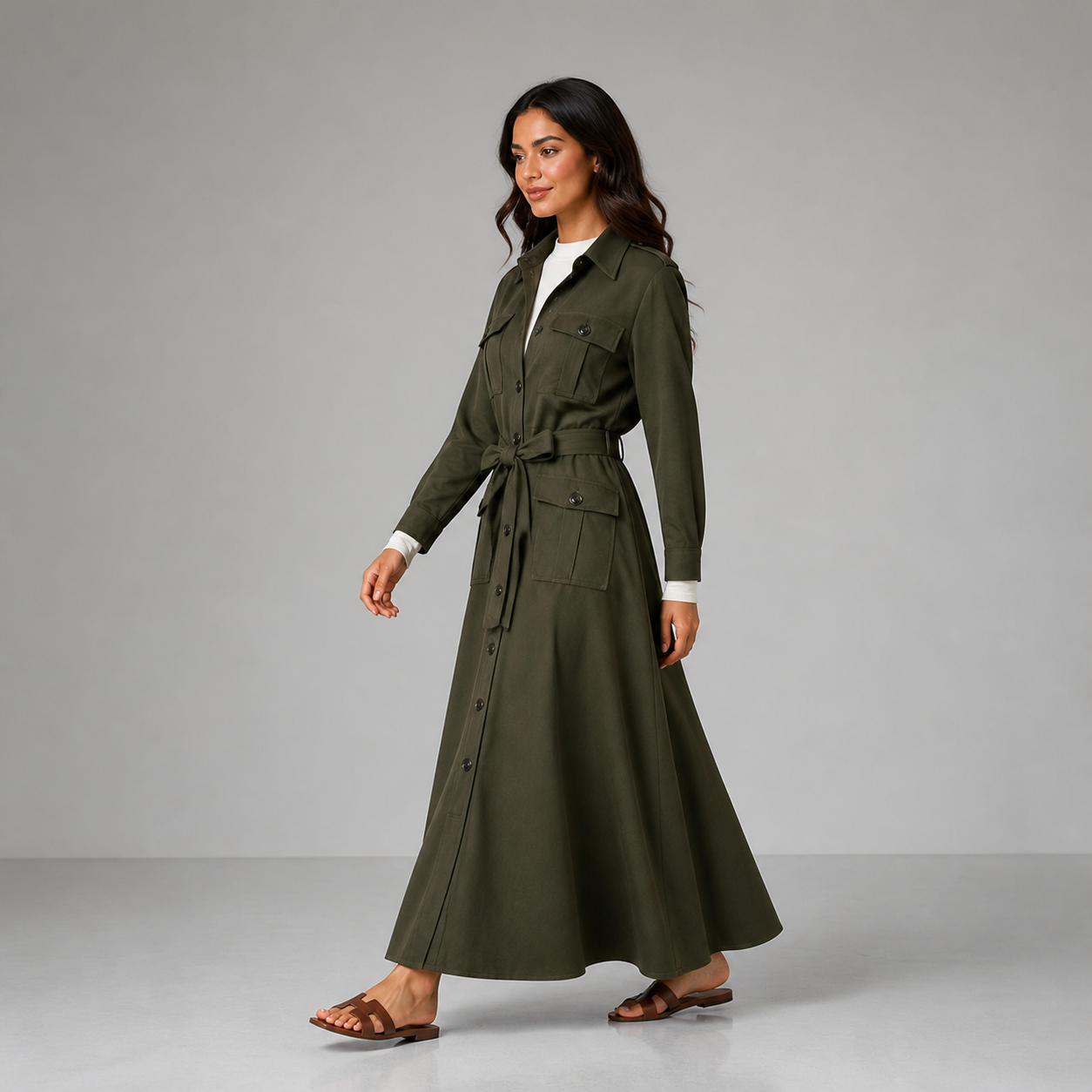 Robe longue kaki safari ceinturée Tsniout - vue 3