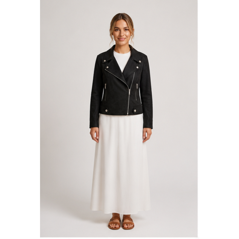 Veste biker noire en suédine Tsniout – 01 face studio