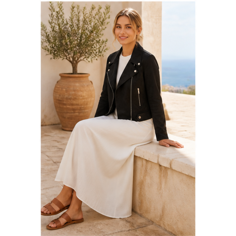 Veste biker noire en suédine Tsniout – 05 lifestyle assise