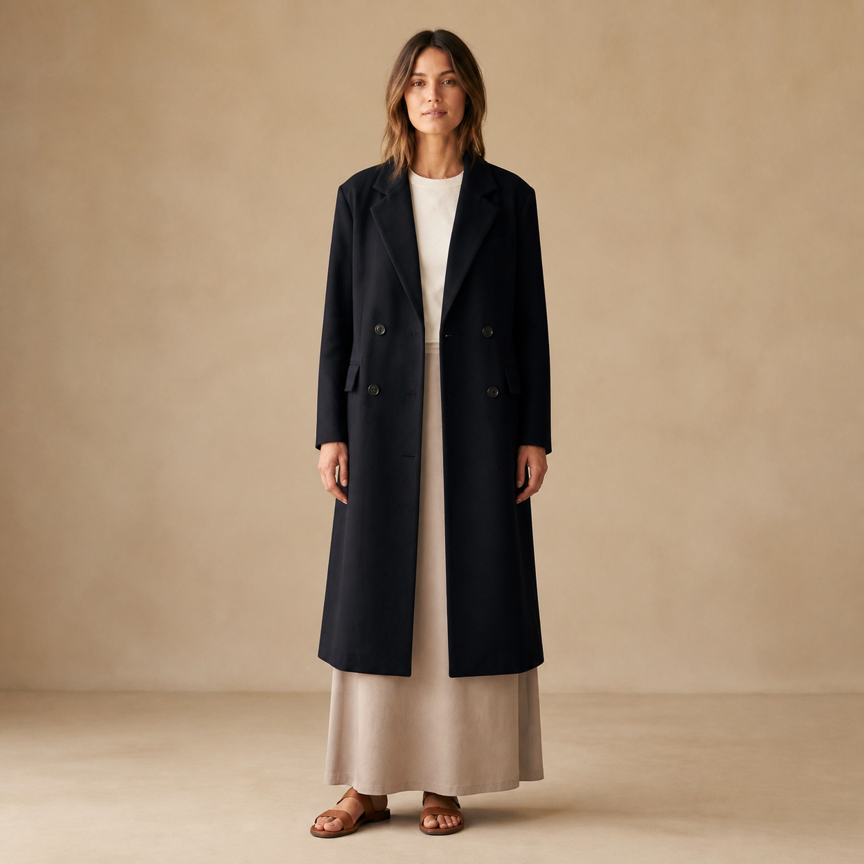 Manteau noir long à double boutonnage Tsniout – 01 face studio