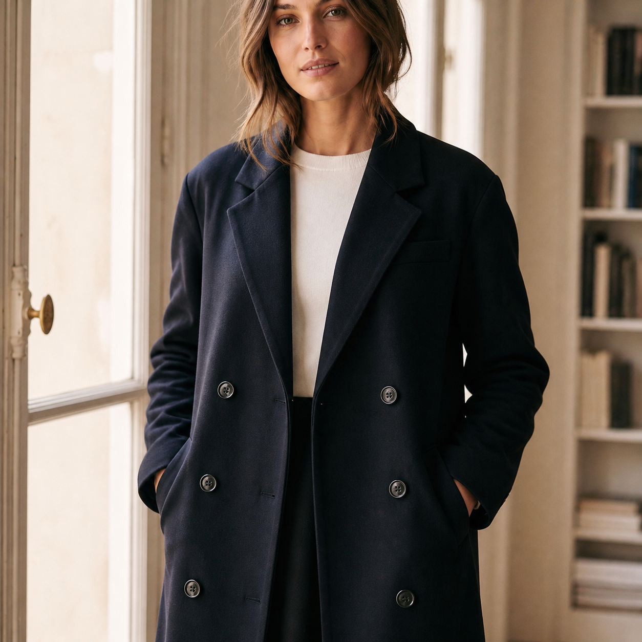 Manteau noir long à double boutonnage Tsniout – 04 zoom produit
