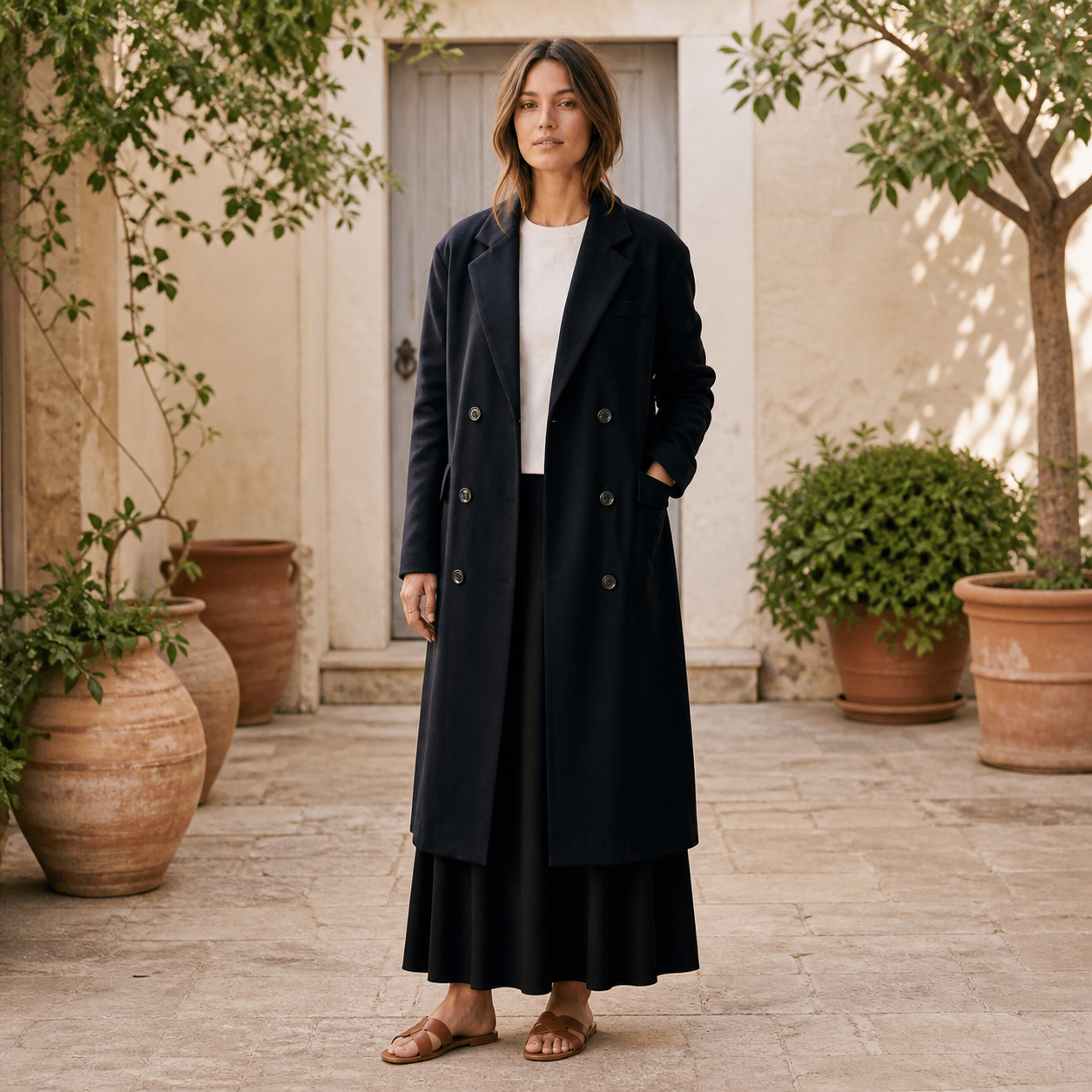 Manteau noir long à double boutonnage Tsniout – 06 lifestyle debout