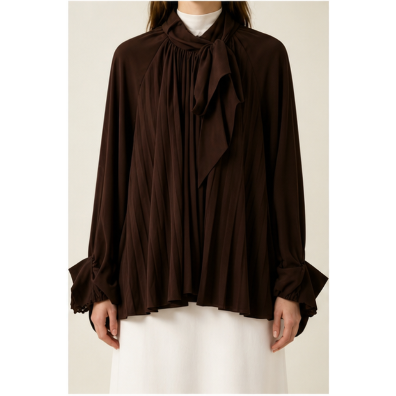 Blouse chocolat plissée à nœud Tsniout – vue 4