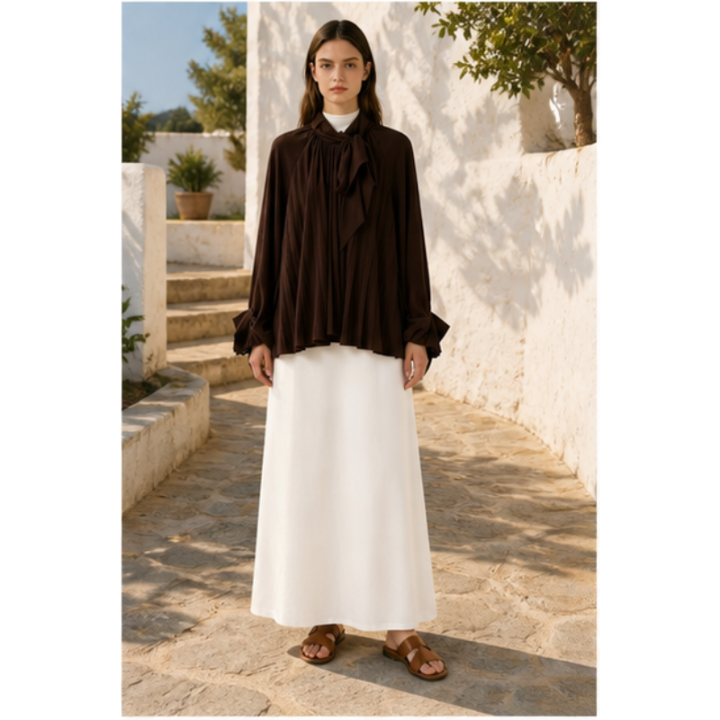 Blouse chocolat plissée à nœud Tsniout – vue 6