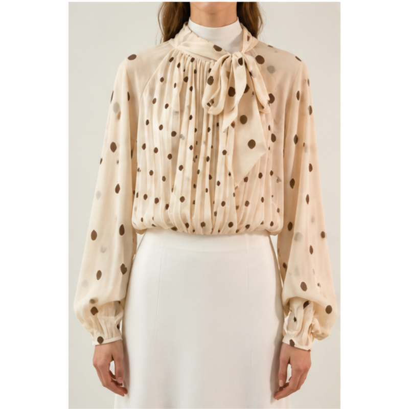 Blouse beige à pois et nœud Tsniout – vue 4