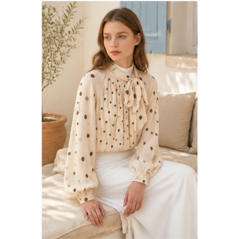 Blouse beige à pois et nœud Tsniout – vue 5