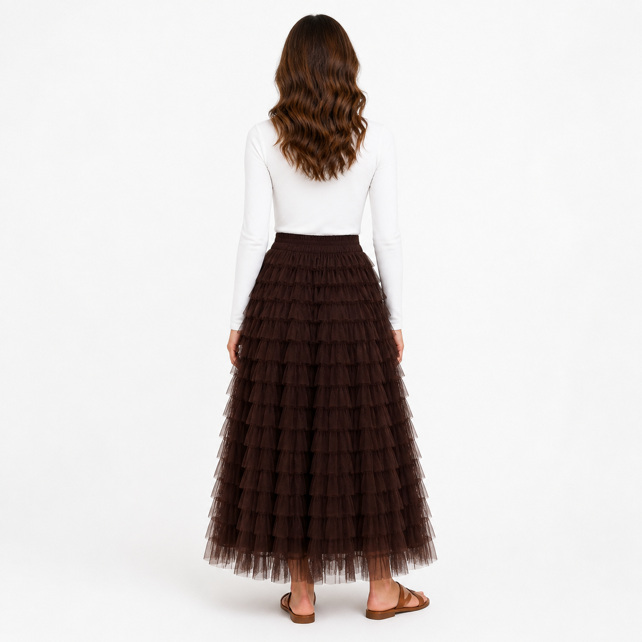 Jupe longue chocolat en tulle à volants – vue 2