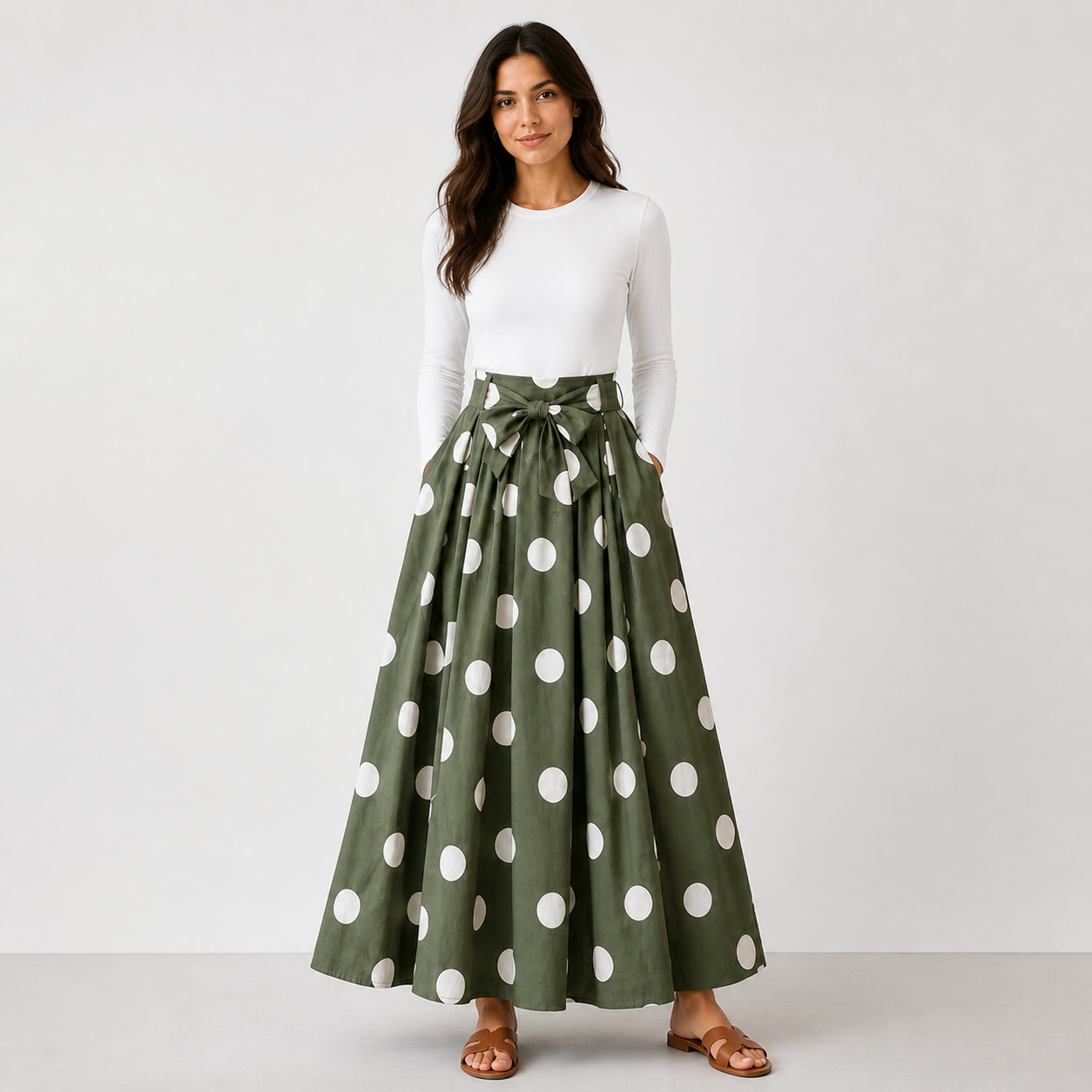 Jupe longue verte à pois blancs et ceinture Tsniout – 01 face studio