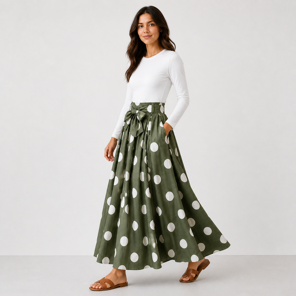 Jupe longue verte à pois blancs et ceinture Tsniout – 03 profil marche