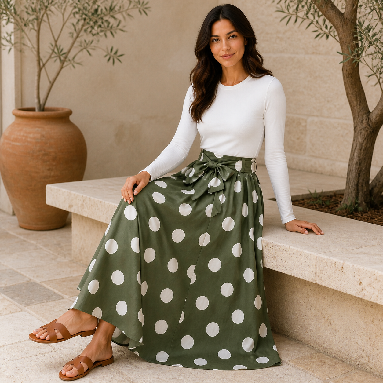 Jupe longue verte à pois blancs et ceinture Tsniout – 05 lifestyle assise
