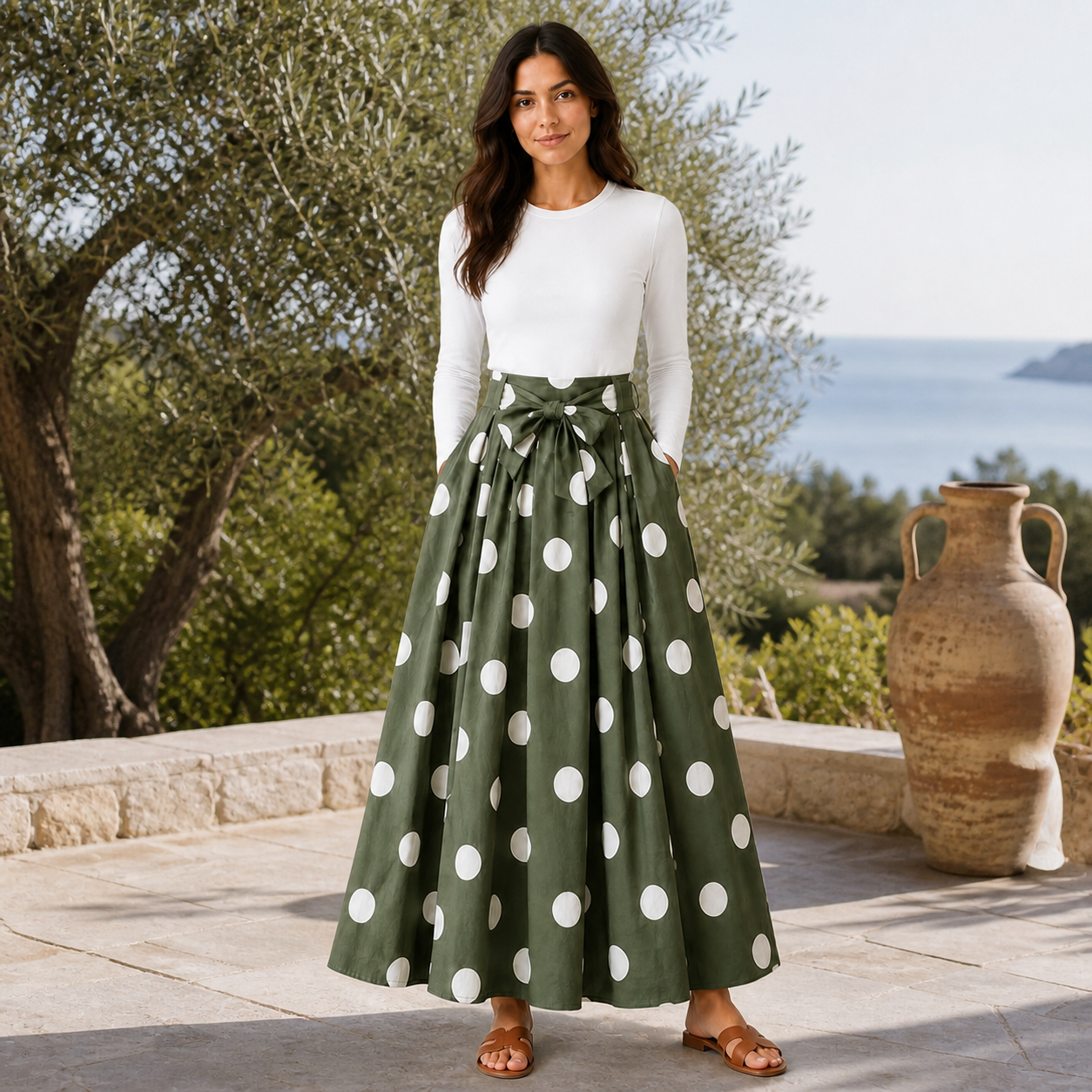 Jupe longue verte à pois blancs et ceinture Tsniout – 06 lifestyle debout