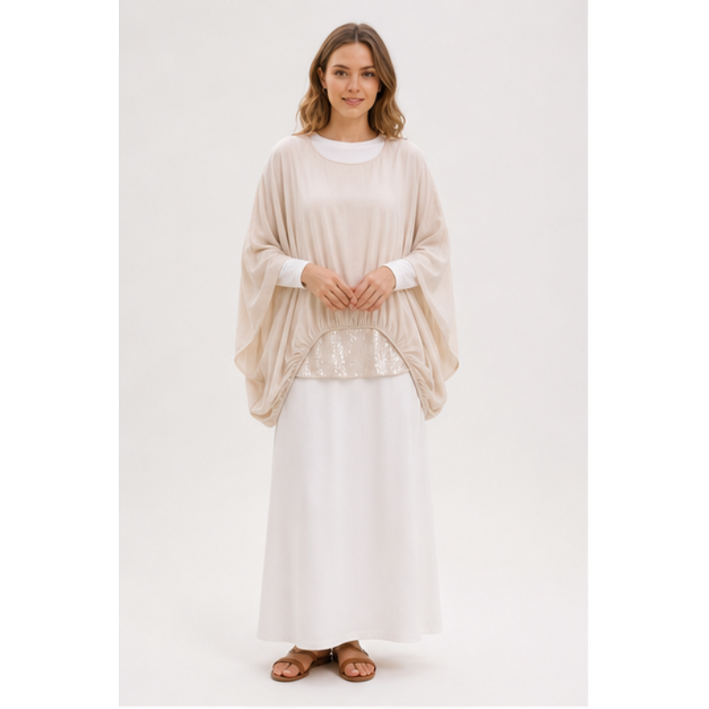 Tunique fluide beige bi-matière pailletée Tsniout – vue 1
