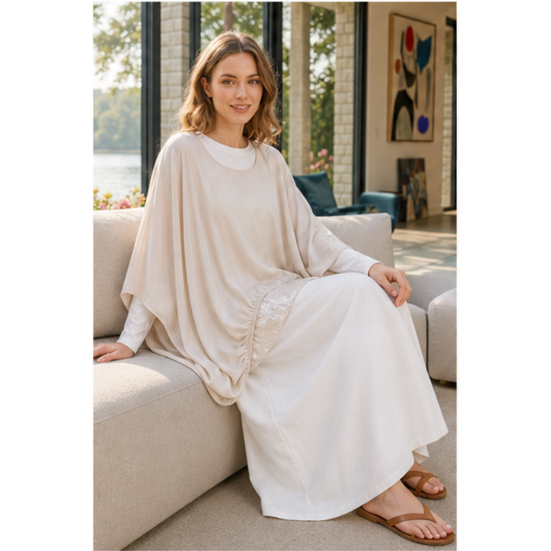 Tunique fluide beige bi-matière pailletée Tsniout – vue 5