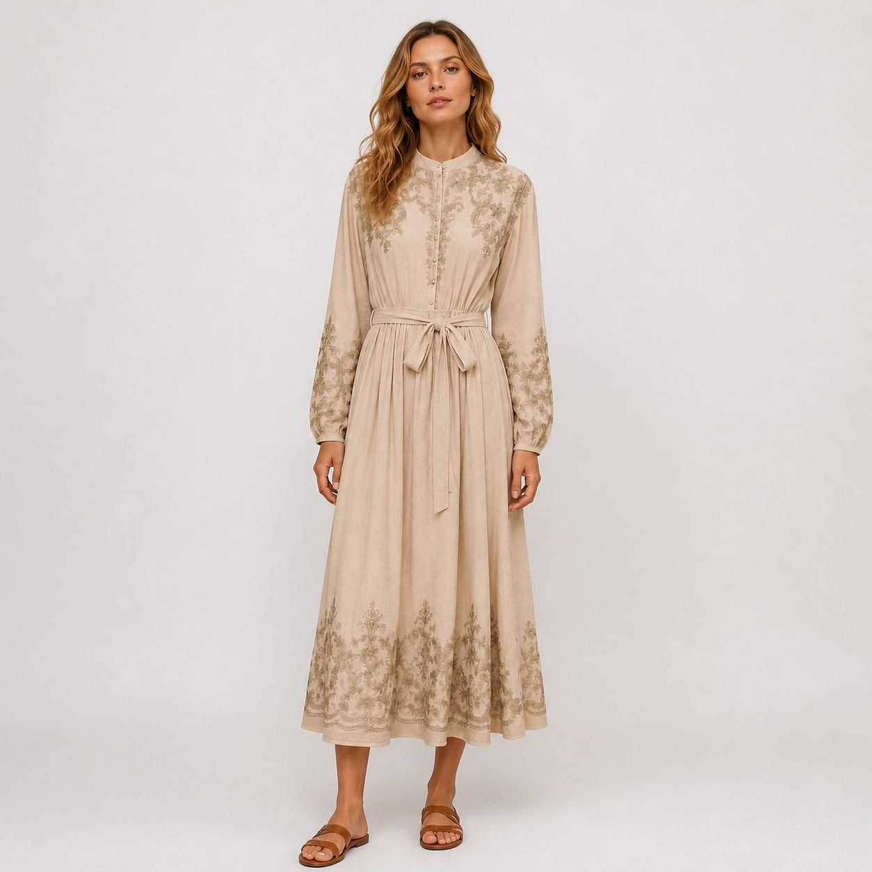 Robe longue taupe brodée Tsniout – 01 face studio