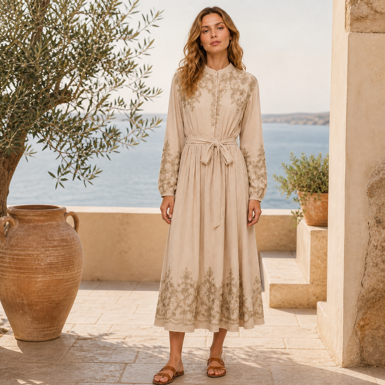 Robe longue taupe brodée Tsniout – 06 lifestyle debout
