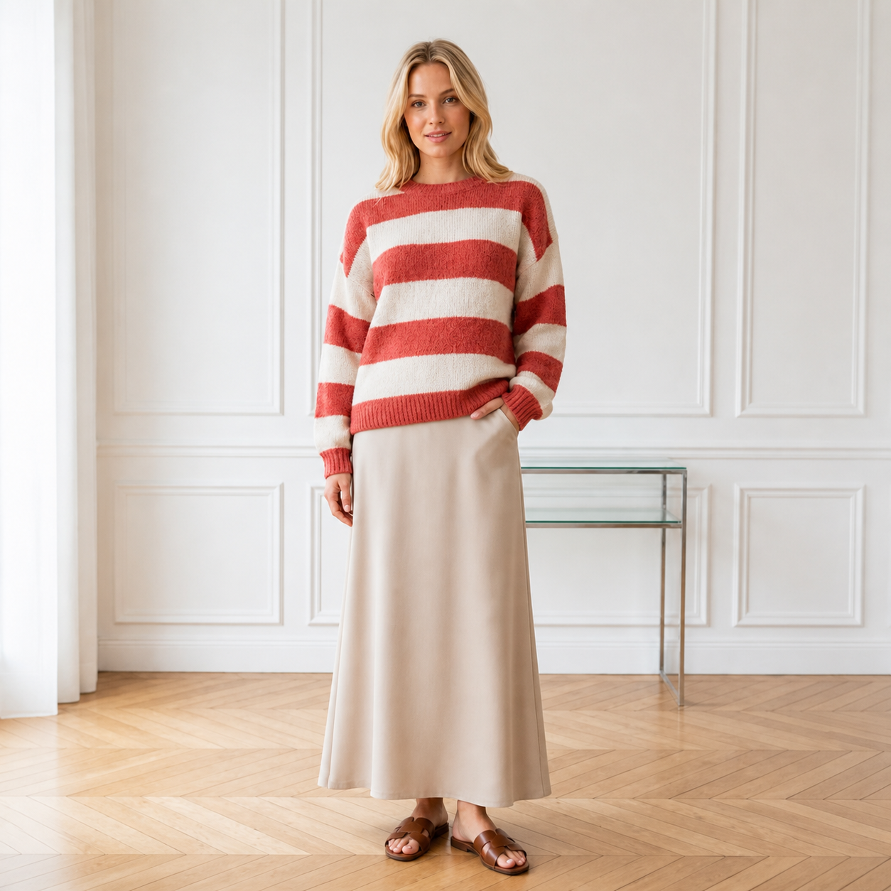 Pull à rayures terracotta et écru – vue 1