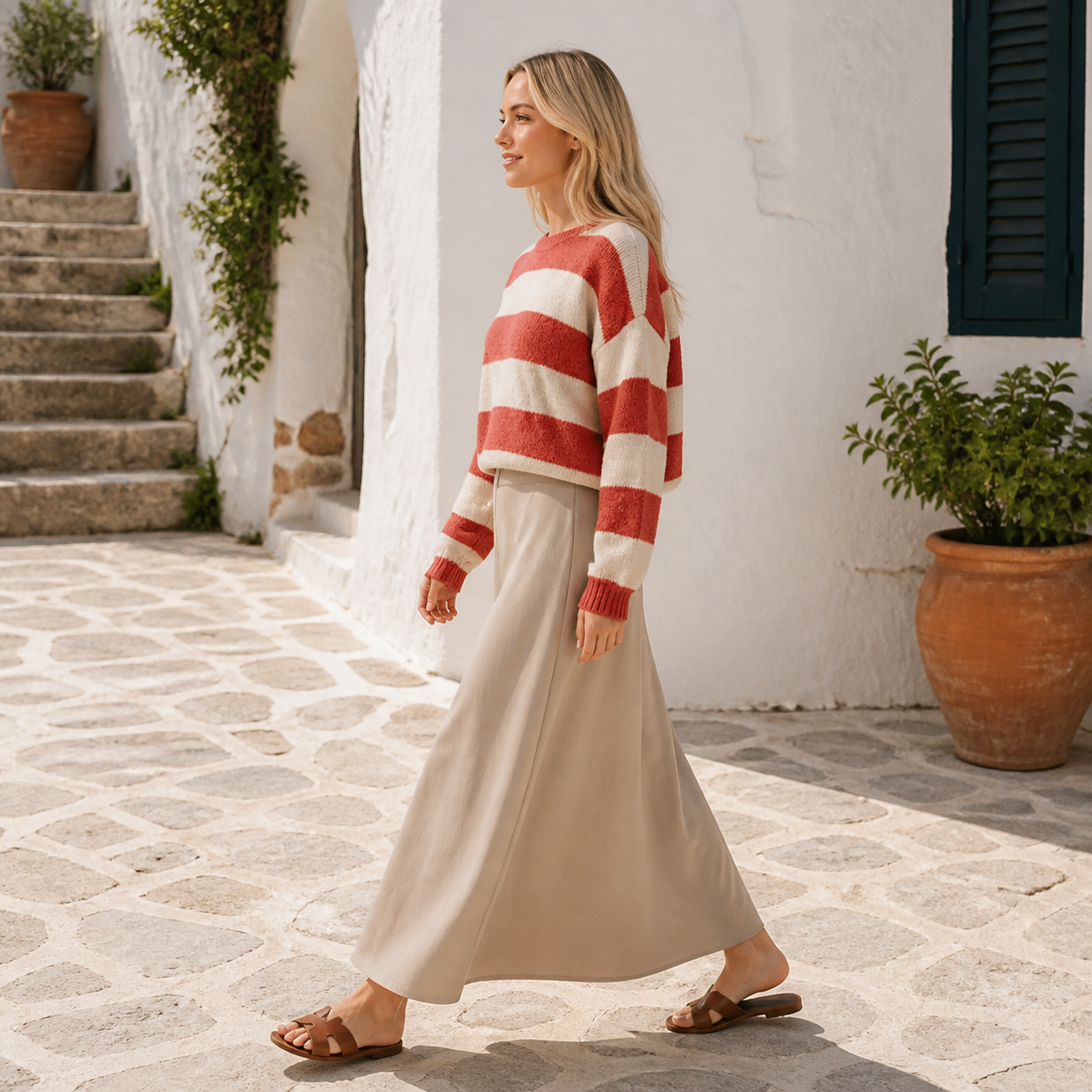 Pull à rayures terracotta et écru – vue 3
