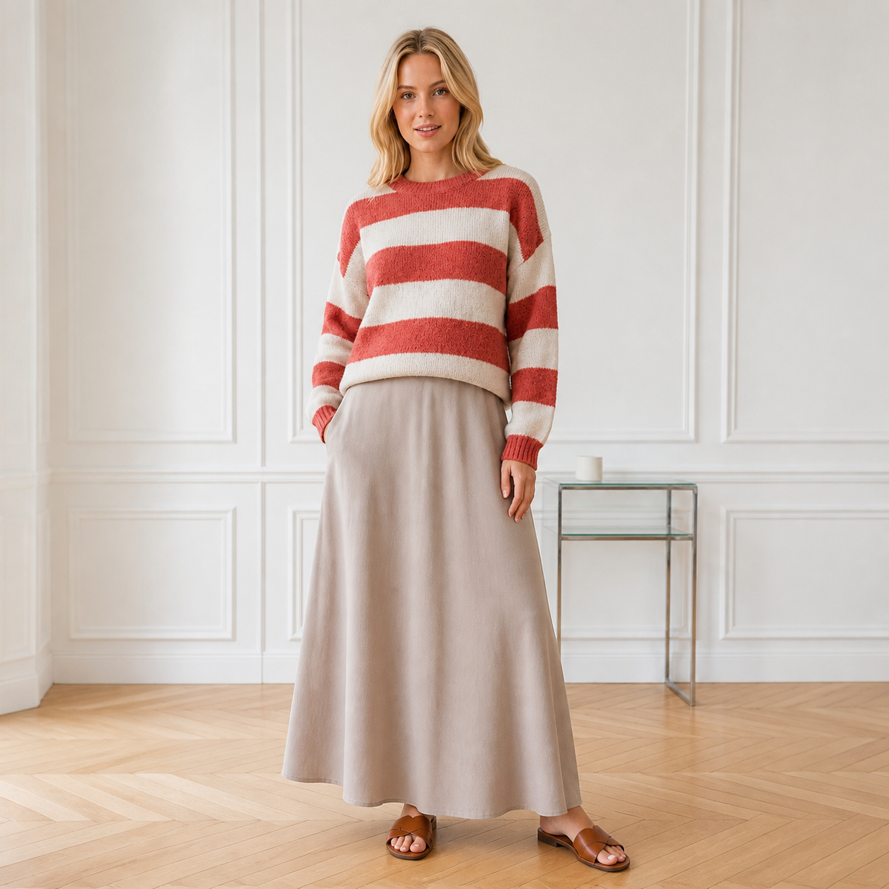Pull à rayures terracotta et écru – vue 4