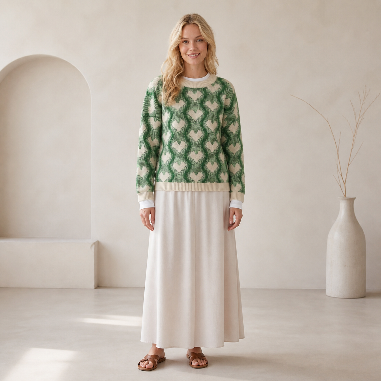 Pull vert sapin à motifs cœurs Tsniout – 01 face studio