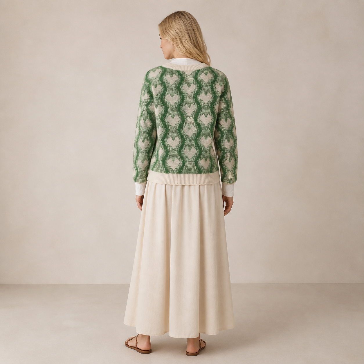 Pull vert sapin à motifs cœurs Tsniout – 02 dos studio