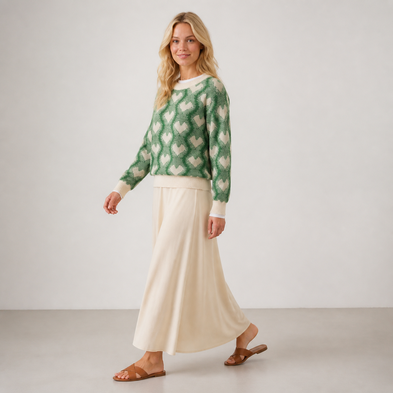 Pull vert sapin à motifs cœurs Tsniout – 03 profil marche