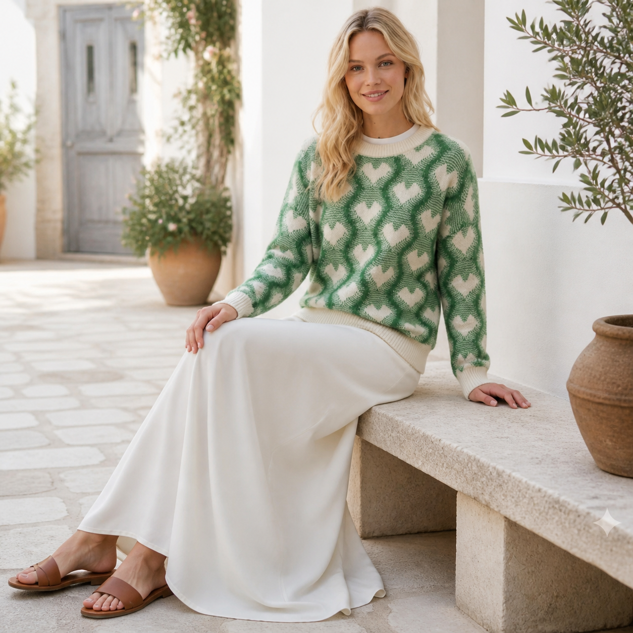 Pull vert sapin à motifs cœurs Tsniout – 05 lifestyle assise