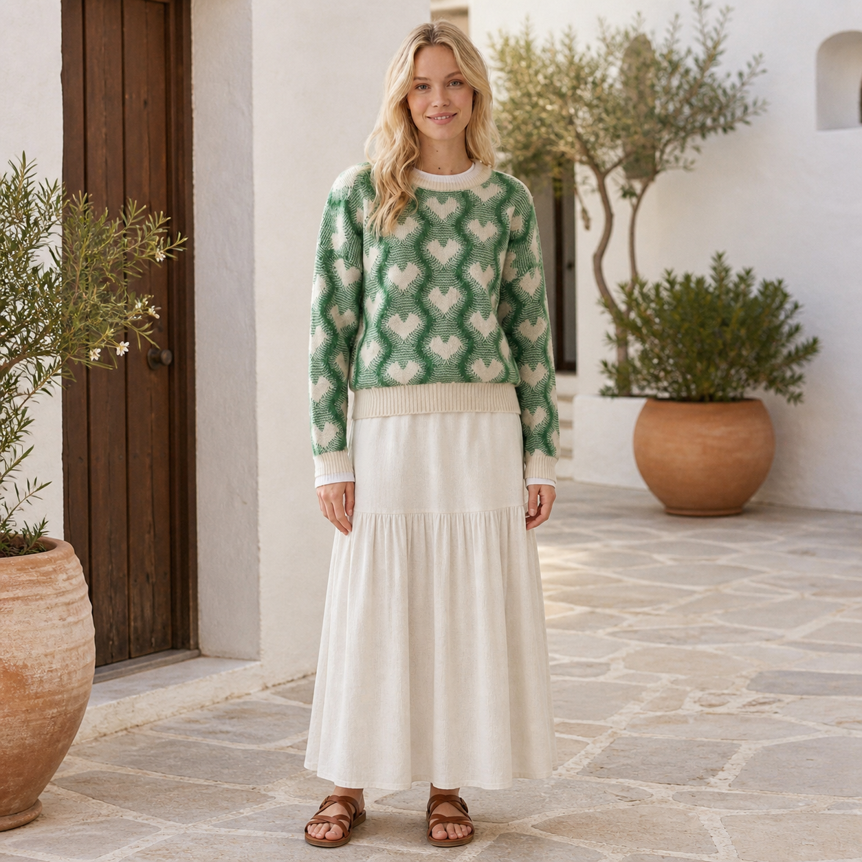 Pull vert sapin à motifs cœurs Tsniout – 06 lifestyle debout