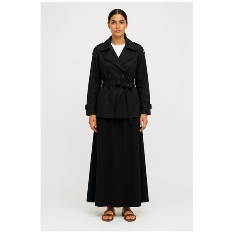Veste trench noire ceinturée Tsniout – 01 face studio