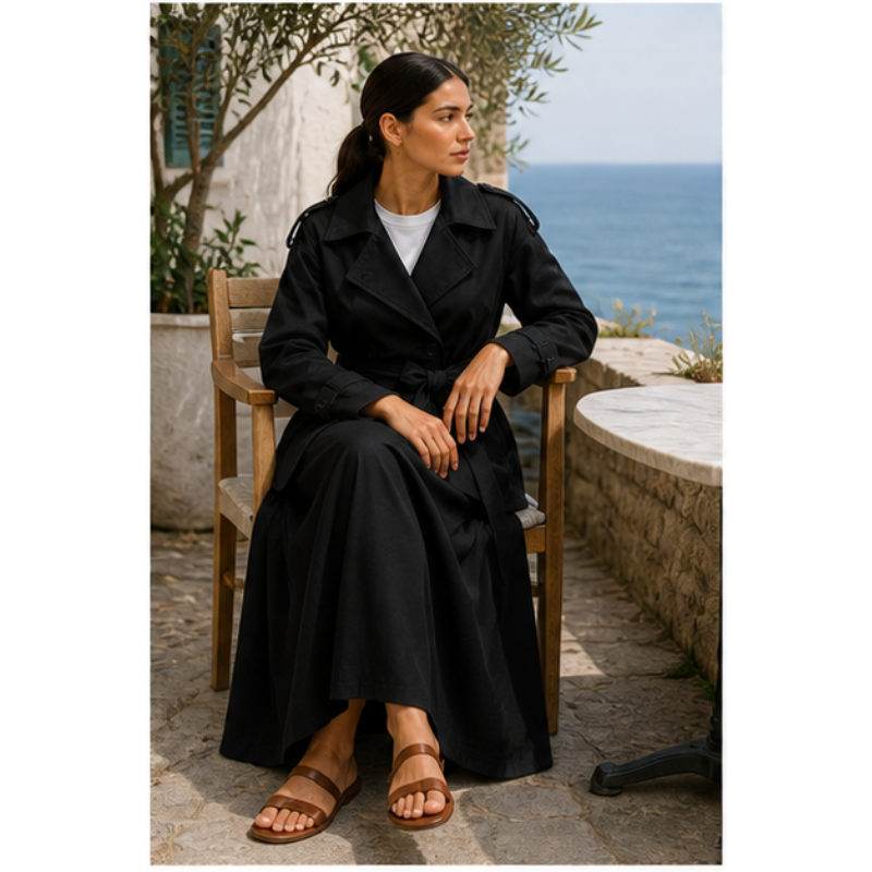 Veste trench noire ceinturée Tsniout – 05 lifestyle assise