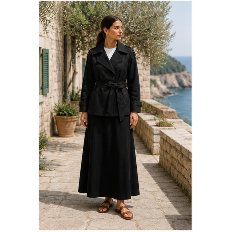 Veste trench noire ceinturée Tsniout – 06 lifestyle debout