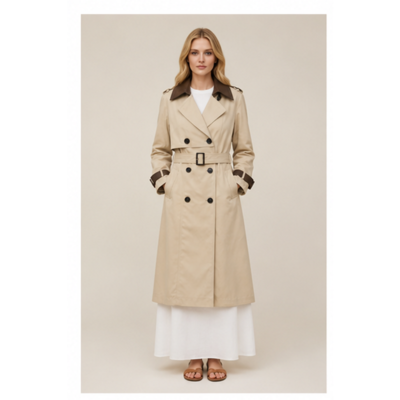 Trench long beige à col contrasté Tsniout – 01 face studio