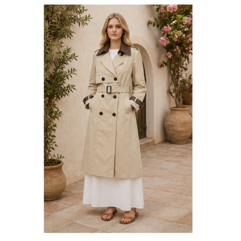 Trench long beige à col contrasté Tsniout – 03 profil marche