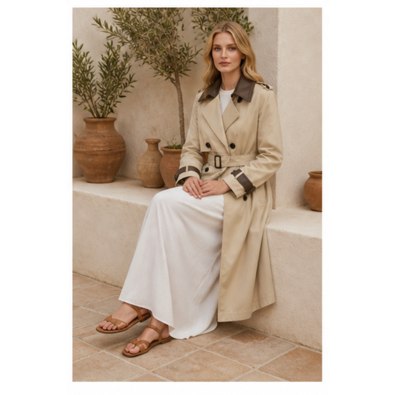 Trench long beige à col contrasté Tsniout – 05 lifestyle assise