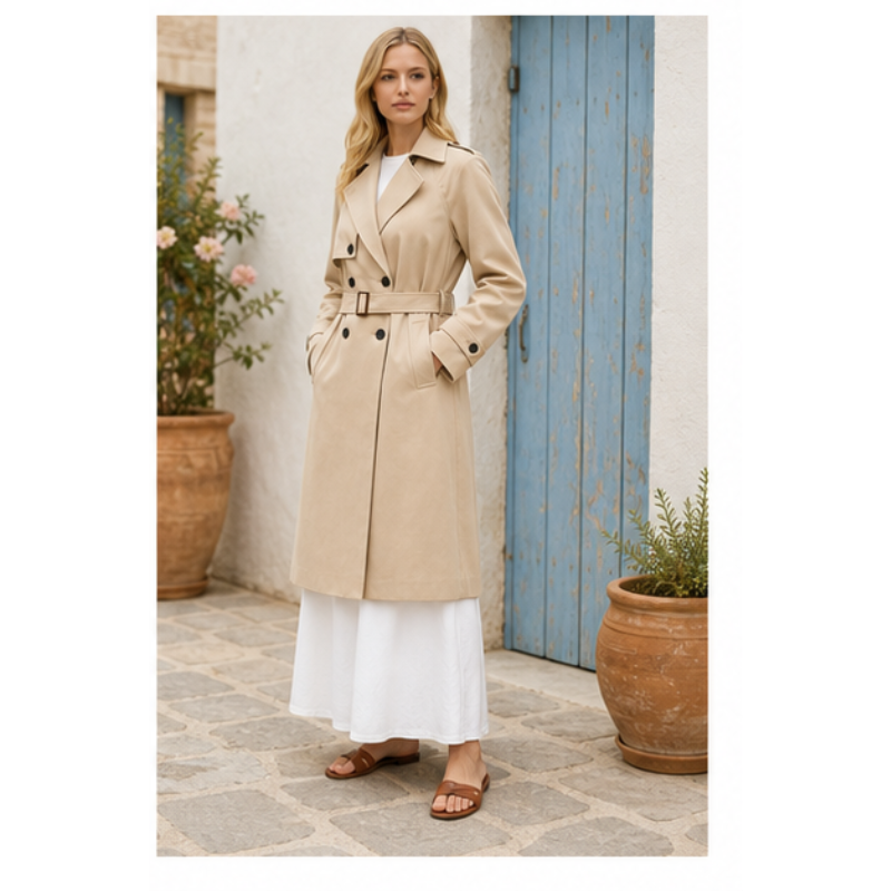 Trench long camel ceinturé Tsniout – 03 profil marche