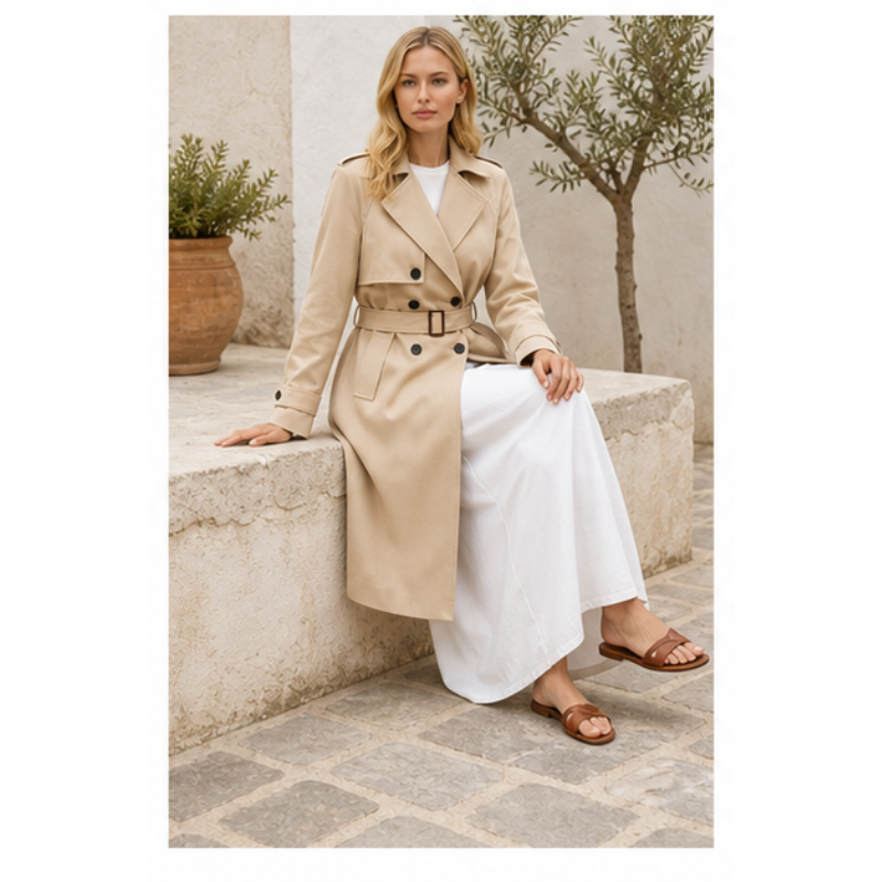 Trench long camel ceinturé Tsniout – 05 lifestyle assise