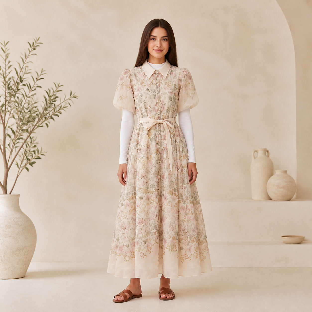 Robe longue beige fleurie Tsniout – 01 face studio